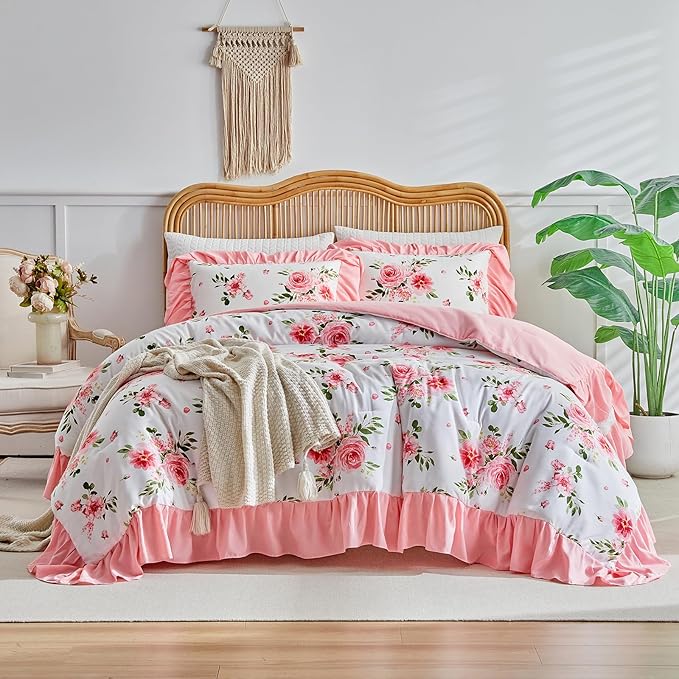 Flower Comforter Set Queen Size 90 * 90in - White Pink Floral with Green Leave Style -3 Pieces Shabby Chic Farmhouse Bedding with Ruffled Fringe Rustic Lightweight Fluffy Ruffle Comforter with Shams