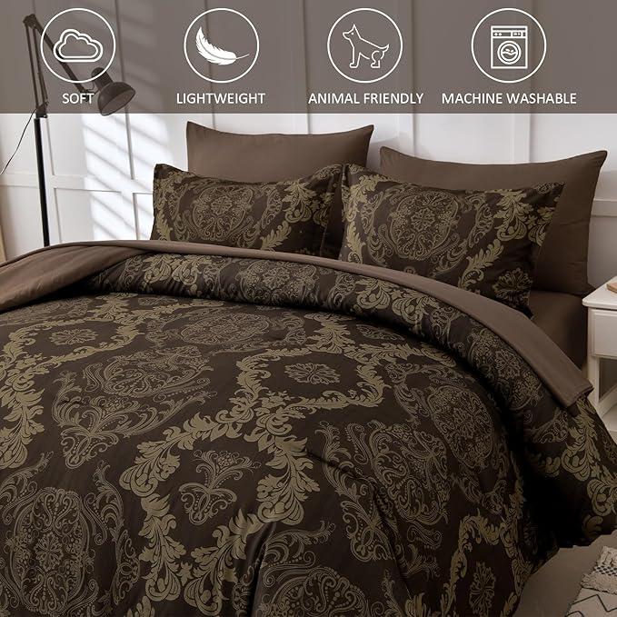 WONGS BEDDING Damask Comforter Set King Size, Coffee Gold Texture Design 7 Pcs Bed in a Bag Microfiber Comforter Bedding Sets -1 Comforter, 1 Flat Sheet, 1 Fitted Sheet, 2 Pillow Shams,2 Pillowcases
