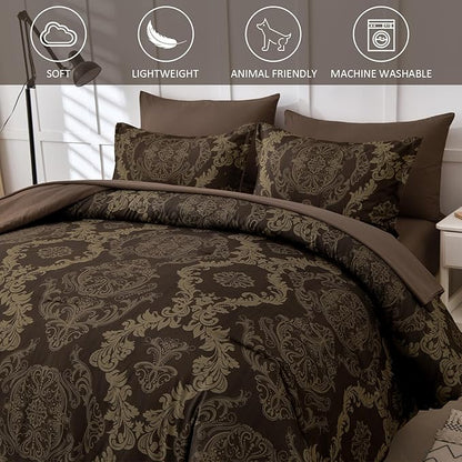WONGS BEDDING Damask Comforter Set King Size, Coffee Gold Texture Design 7 Pcs Bed in a Bag Microfiber Comforter Bedding Sets -1 Comforter, 1 Flat Sheet, 1 Fitted Sheet, 2 Pillow Shams,2 Pillowcases