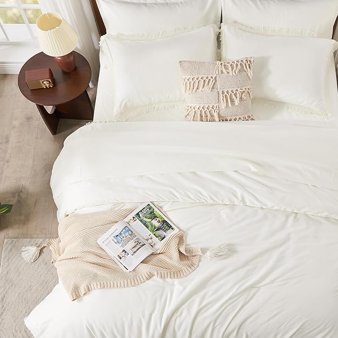 Andency Ivory Queen Size Comforter Set with Sheets - 7 Pieces Boho Tassel Bed in a Bag Soft Lightweight Bedding Sets, Ivory Fringe Bed Set with Comforter, Sheets, Pillowcases & Shams
