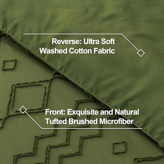 Andency Olive Green Tufted Comforter Set Queen(90x90Inch), 3 Pieces(1 Boho Comforter, 2 Pillowcases) Textured Farmhouse Bed, Soft Microfiber Down Alternative Geometric Bedding Set