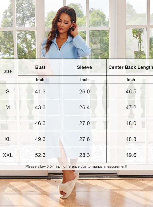 Ekouaer Women Zipper Robe Long Sleeves House Coat Soft Bathrobe Sleepwear with Pockets Housecoat Loungewear