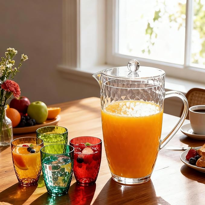 Pitcher with Lid and 4 Tumblers Set, 92oz Plastic Water Jug, BPA-Free Beverage Pitcher for Fridge, Large Drink Carafe for Party, Juice, Ice Tea, Sangria, Lemonade, (Set of 5 in Gift Box)