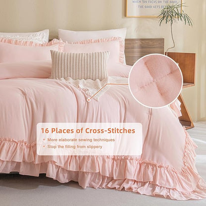Masaca Blush Ruffle Comforter Full Size,3 Pieces Farmhouse Shabby Boho Chic Bedding Sets Full,Women Girls Bedroom Vintage Rustic Bedding Comforter Set All Season