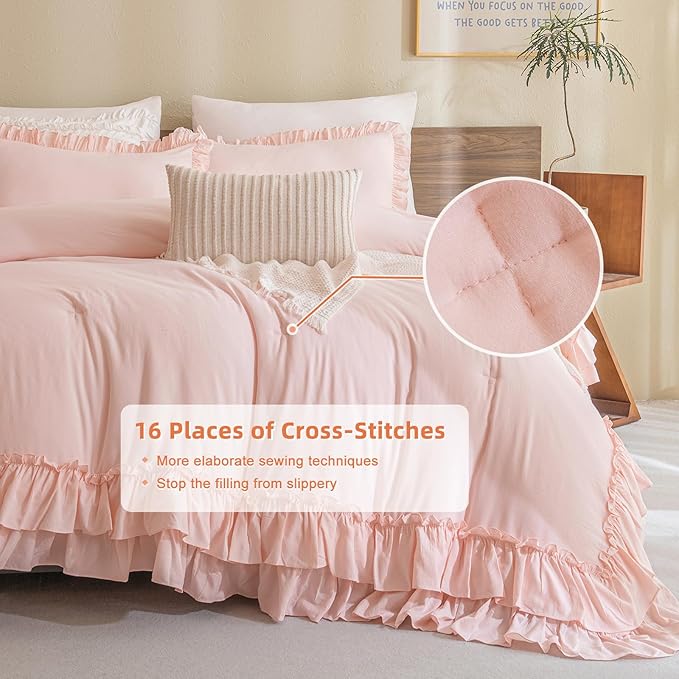 Masaca Kids Twin Ruffle Comforter Set - Shabby Boho Chic Farmhouse Rustic Bedding - 3-Piece Set (1 Ruffled Blush Comforter, 2 Pillowcases)