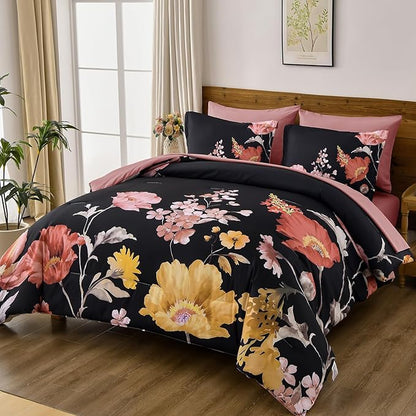 DJY Floral King Comforter Set - 7 Pieces Black & Blush Floral Bed in a Bag with Flower Leaves Pattern, Soft Microfiber Botanical Comforter and Sheet Set, All Season Bedding Set (104''x90'')