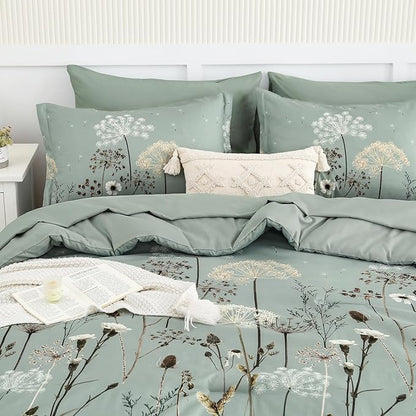 Yiran Dusty Blue Floral Comforter Set King Size, 7 Piece Dandelion Botanical Comforter Bedding Set, Bed in a Bag King, Soft Microfiber Complete Bedding Set with Sheets for All Season