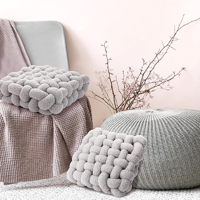Wenqik 2 Pcs Knot Pillows Square Knotted Plush Throws Soft Accent Pillows Decoration Cushion for Couch Home Office Living Room Bedroom Bed Sofa Decor, 12'' x 13''(Light Gray,Lambswool)