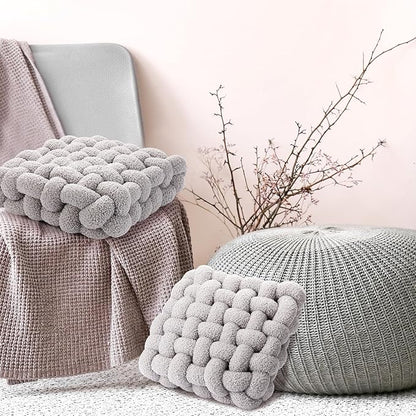 Wenqik 2 Pcs Knot Pillows Square Knotted Plush Throws Soft Accent Pillows Decoration Cushion for Couch Home Office Living Room Bedroom Bed Sofa Decor, 12'' x 13''(Light Gray,Lambswool)