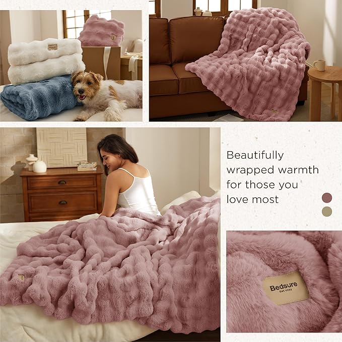 Bedsure GentleSoft Fluffy Fuzzy Twin Blanket, Soft Cozy Fleece Faux Fur Blanket, Pink Decorations Minky Velvet Couch Cover, Thick Warm Plush Women Men Birthday Gifts, 870GSM, Dusty Rose