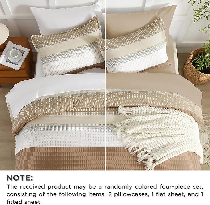 Andency California King Comforter Set Taupe - 7 Pieces Striped Lightweight Bed in a Bag, Soft Microfiber Reversible Bedding Set with Comforter, Fitted & Flat Sheet, Pillowcases & Shams
