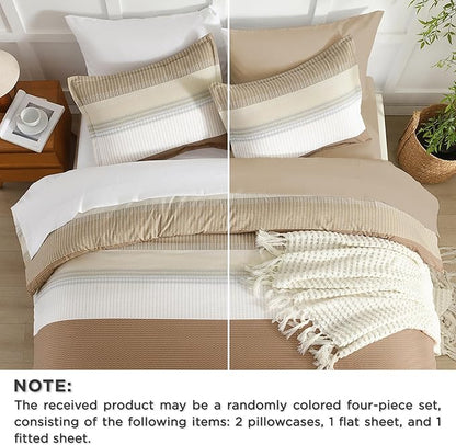 Andency Queen Comforter Set Taupe - 7 Pieces Striped Lightweight Bed in a Bag, Soft Microfiber Reversible Bedding Set with Comforter, Fitted & Flat Sheet, Pillowcases & Shams