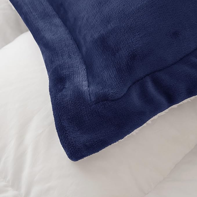 Seward Park Navy Blue Sherpa Comforter Set King Size, All Season Soft Warm Fleece Fall Blanket, Winter Bedding Sets with 2 Pillow Shams