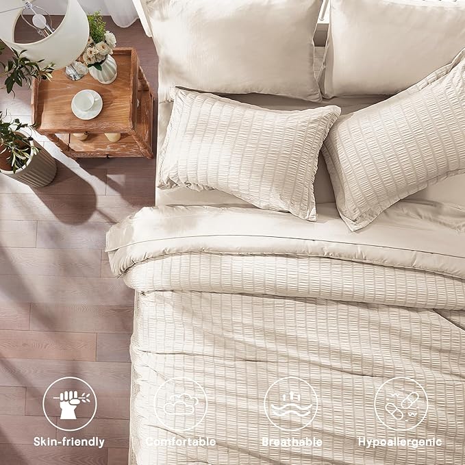 Zzlpp Full Comforter Set 7 Pieces, Beige Seersucker Bed in a Bag with Comforter and Sheets, All Season Bedding Sets with 1 Comforter, 2 Pillow Shams, 2 Pillowcases, 1 Flat Sheet, 1 Fitted Sheet