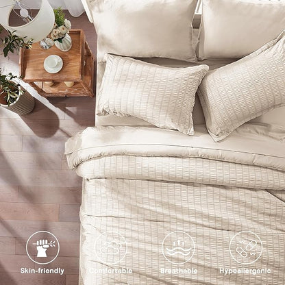 Zzlpp Beige King Comforter Set 7 Pieces, Seersucker Bed in a Bag with Sheets, All Season Bedding Sets with 1 Comforter, 2 Pillow Shams, 2 Pillowcases, 1 Flat Sheet, 1 Fitted Sheet