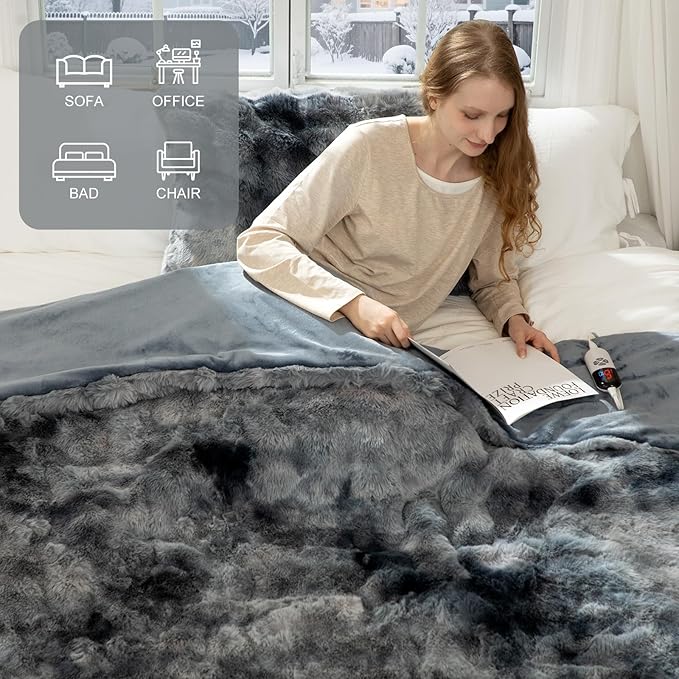Faux Fur Electric Blanket Full Size 72"X84" - Bubble Faux Fur Heated Blanket Fluffy Soft Fuzzy with 6 Fast Heating Levels & 10 hrs Timer Settings, Washable & ETL Certified for Bed, Tie-Dye Blue