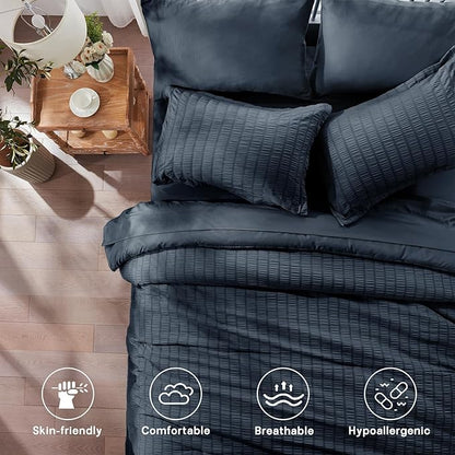 Zzlpp Full Comforter Set 7 Pieces, Navy Blue Seersucker Bed in a Bag with Comforter and Sheets, All Season Bedding Sets with 1 Comforter, 2 Pillow Shams, 2 Pillowcases, 1 Flat Sheet, 1 Fitted Sheet