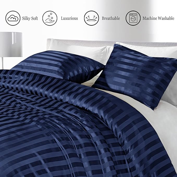 Whale Flotilla 2-Piece Reversible Silky Soft Twin Size Comforter Set, Luxury Stripe Satin Comforter Bedding Set with Satin Pillowcase, Lightweight Duvet for All Seasons, Navy
