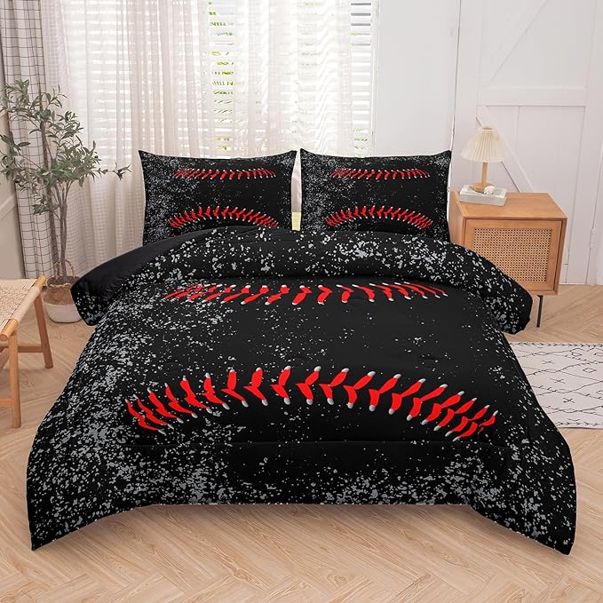 NINENINE Boys Baseball Comforter Sets Full, 3D Printed Black Kids Baseball Bedding Sets Full, 3 Pieces Kids Bedding Sets for Boys Teens with 2 Pillowcases