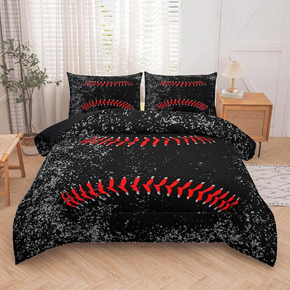 NINENINE Boys Baseball Comforter Sets Full, 3D Printed Black Kids Baseball Bedding Sets Full, 3 Pieces Kids Bedding Sets for Boys Teens with 2 Pillowcases