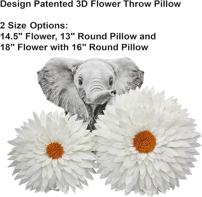 3D Daisy Flower Decorative Pillow - Sunflower Throw for Couch & Bed - Shaped Cushion (14.5" Flower, 13" With Insert, Ivory/Gold)