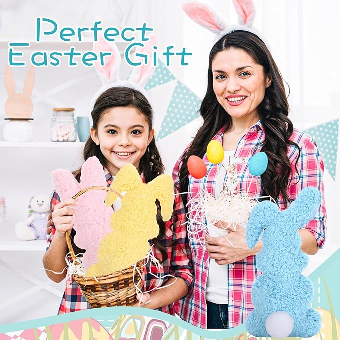 3 Pcs Easter Buuny Throw Pillows, 11.8 Inch Soft Rabbit Shaped Pillow Cushion Plush Happy Easter Decorative Pillow for Couch Bed (Pink, Yellow, Blue)