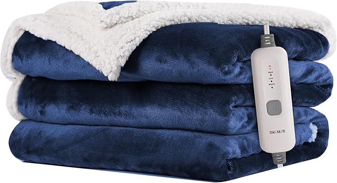 Electric Heated Blanket 72"x84" Full Size Flannel & Sherpa - 4 Heat Settings & 10H Auto Shut Off for Safe Overnight Use, Fast Heating, Machine Washable for Bed, Couch, Office - Dark Blue