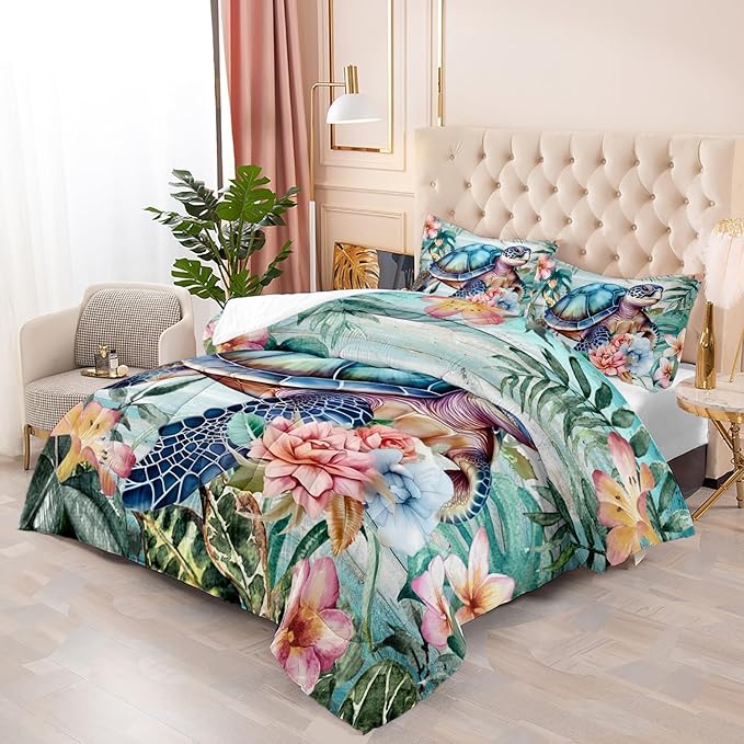 Spring Sea Turtle Comforter Set 3 Pcs Bedding Set King Size for Girls,Wooden Floral Tropical Plants Printed Quilts Set Lightweight Soft Microfiber Warm All Season with 2 Pillowcases