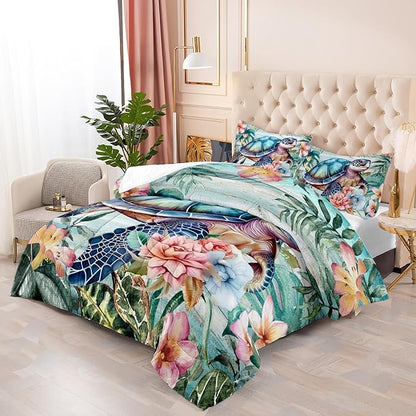Spring Sea Turtle Comforter Set 3 Pcs Bedding Set King Size for Girls,Wooden Floral Tropical Plants Printed Quilts Set Lightweight Soft Microfiber Warm All Season with 2 Pillowcases