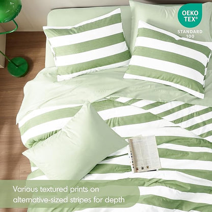 Reversible Striped Queen Comforter Set, Soft Microfiber Bedding Set with Double-sided Stripes Design, Warm & Cozy for All-Seasons, 3-Piece Comforter and Shams Set Queen Size, Sage Green