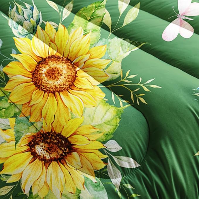 3 Piece Green Sunflower Comforter Sets Twin Size, Farmhouse Floral Bedding Set for Girls Boys Adults,3 Piece Bed in A Bag, Ultra Soft Microfiber All Season Yellow Flower Bedding Set