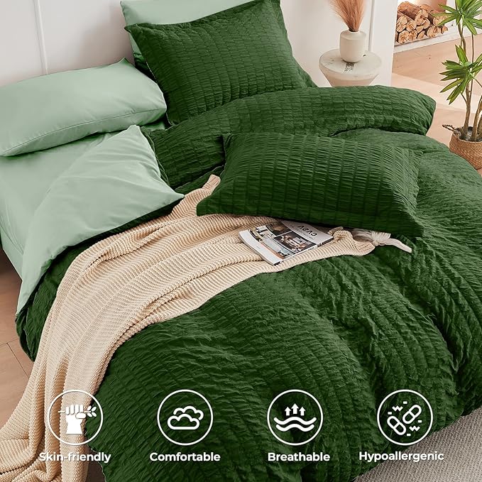 HYMOKEGE Dark Green/Sage Green Twin XL Comforter Set Seersucker 5 Pieces, All Season Luxury Bed in a Bag for Bedroom, Bedding Set with Comforter, Sheets, Pillowcase & Sham