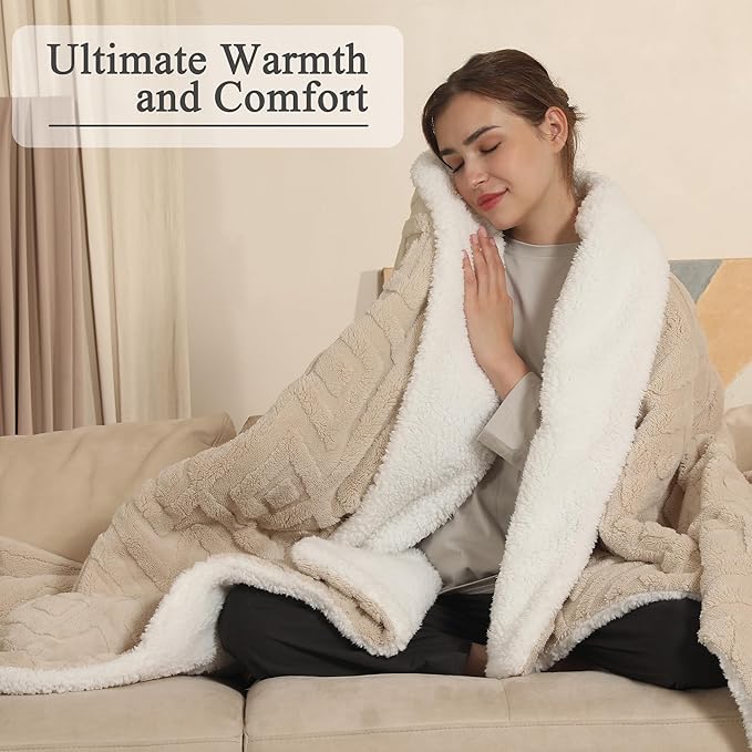 Electric Heated Blanket, 3D Patterned Diamond Grid, Twin Size Sherpa Super Cozy Heated Blanket with 5 Heating Levels & 10 Hours Auto Off, Light Khaki