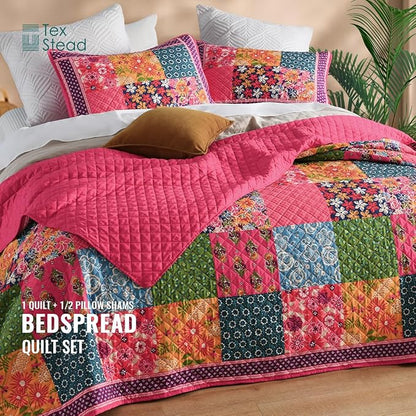 Twin Quilt Set for Bed - 100% Cotton Quilts Patchwork Comforter Coverlet Bedspread Reversible 68"x90" with 1 Pillow Shams