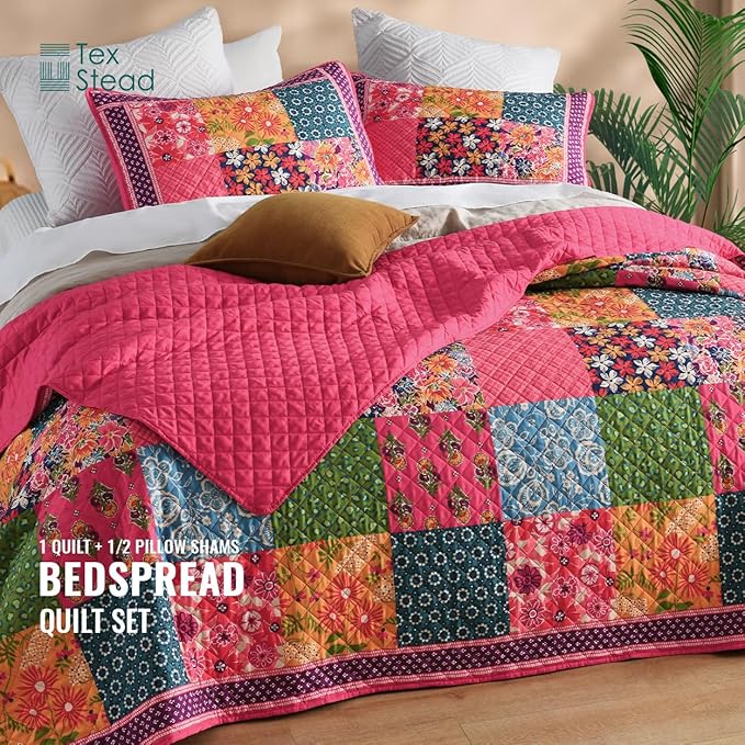 King Quilt Set for Bed - 100% Cotton Quilts Patchwork Comforter Coverlet Bedspread Reversible 90"x104" with 2 Pillow Shams
