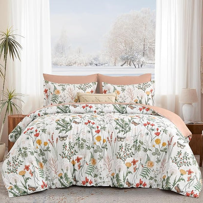 Yiran 7 Piece Floral Comforter Set Queen Size, Pink Green Summer Comforter Bedding Set, Botanical Bed in a Bag with Flowers Pattern, Soft Microfiber Complete Bedding Set with Sheets for All Season
