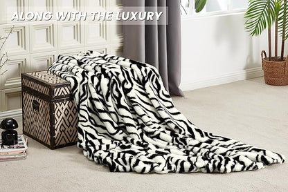 JONIYEAR Soft Fluffy Zebra Print Faux Rabbit Fur Throw Blanket 50" x 60", Luxury Cozy Shaggy Fuzzy Blankets, Reversible Cute Warm Animal Printed Blanket for Women Winter,Washable,Cream White and Black