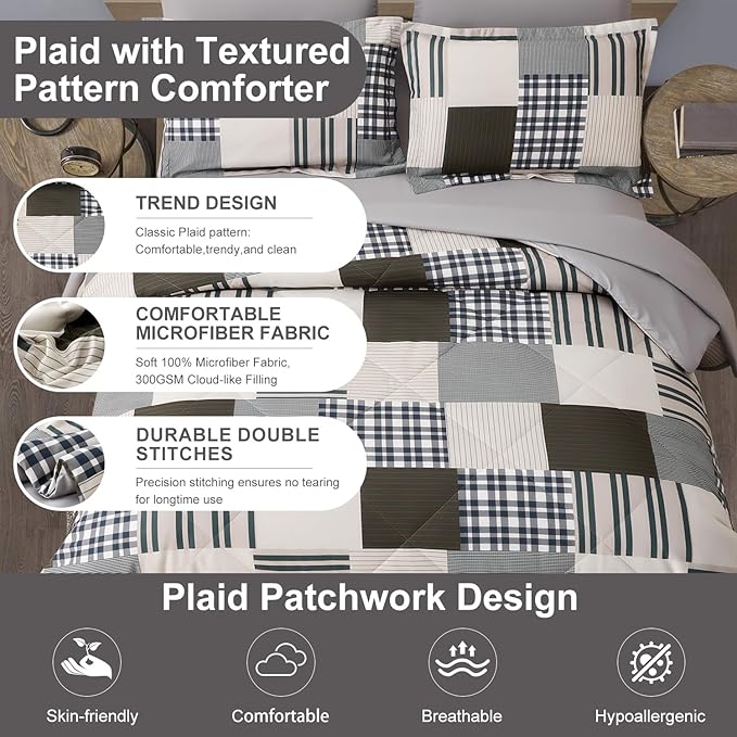 Comforter Set Queen Size Plaid Patchwork Comforter Bedding-7 Piece Bed in a Bag,Soft Fluffy Reversible Microfiber Bedding Set(1 Comforter,1 Flat Sheet,1 Fitted Sheet,2 Pillowcases,2 Pillow Shams)