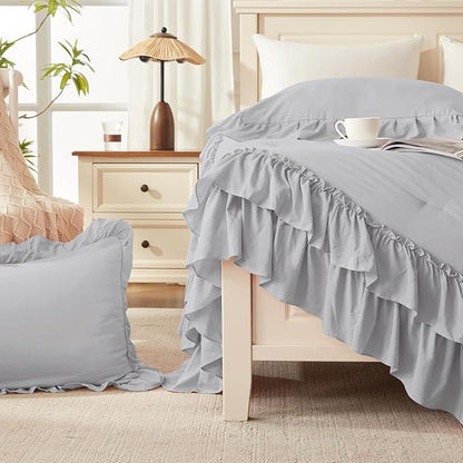 Andency Light Gray Ruffle Comforter Full Set, 3pcs Vintage Farmhouse Shabby Chic Bedding Comforter Set, Soft Lightweight Fluffy Bed Comforter Sets All Season Bedding Set
