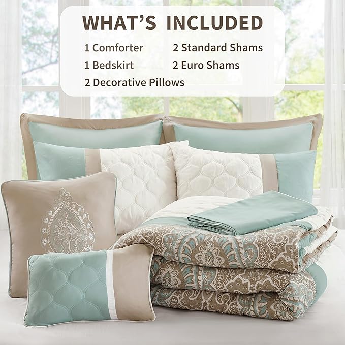 510 DESIGN Luxe Quilted Comforter Set Modern Transitional Design, All Season Down Alternative Warm Bedding Matching Shams, Bedskirt, Decorative Pillow, Cal King, Shawnee Scrollwork Seafoam