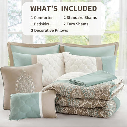 510 DESIGN Luxe Quilted Comforter Set Modern Transitional Design, All Season Down Alternative Warm Bedding Matching Shams, Bedskirt, Decorative Pillow, Queen, Shawnee Scrollwork Seafoam
