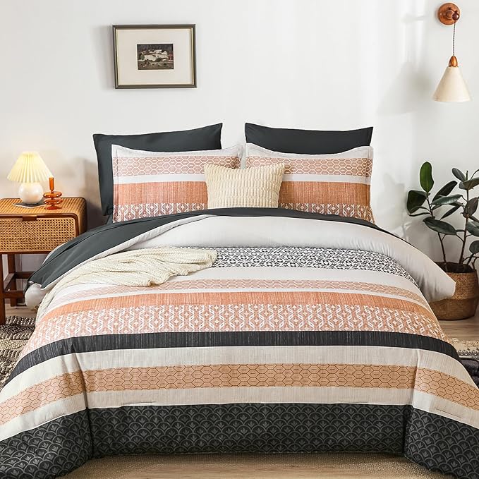 DJY Queen Size Comforter Set,Boho Striped Queen Bed Set,7 Piece Orange Patchwork Soft Microfiber Bedding Set for All Season(90"×90")
