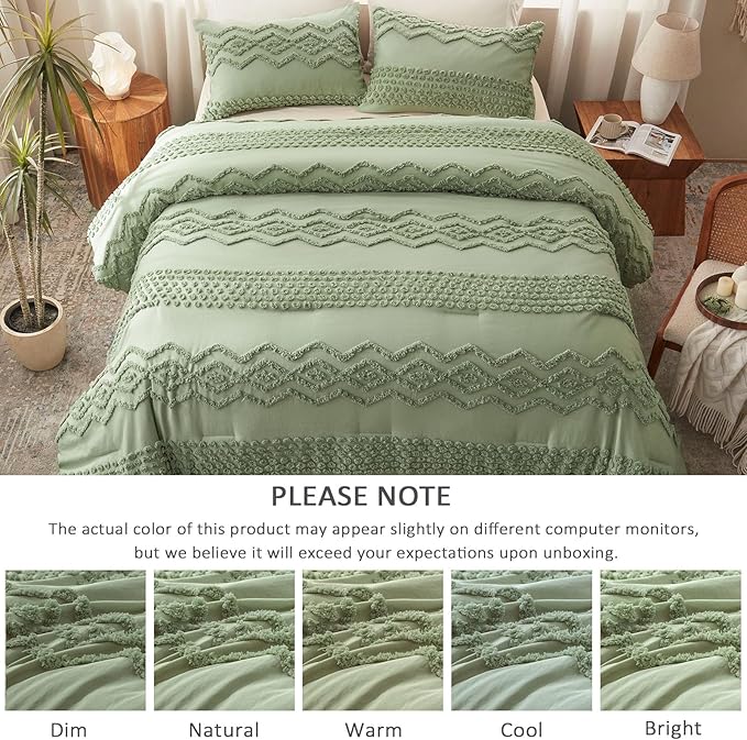 Luxudecor Sage Green Tufted Comforter Set Full Size 3 Pieces Boho Shabby Chic Comforter Farmhouse Embroidery Bedding Set Soft Comforter for All Seasons (Sage Green, 80''x90'')
