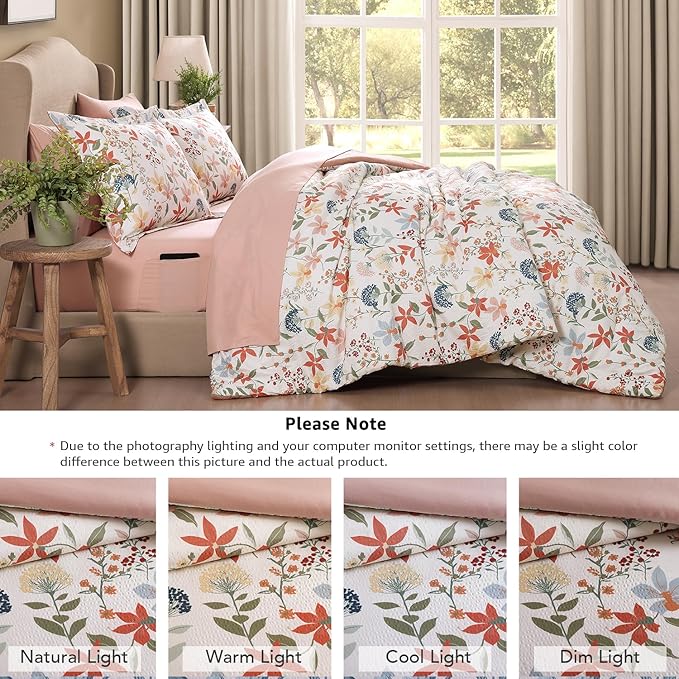 CASAAGUSTO Queen Comforter Set, 7 PCS Clay Pink Floral Comforter Set with Flowers Leaves Pattern, Soft Seersucker Design All Season Queen Size Bedding Set(90"X90")