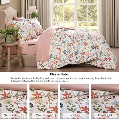 CASAAGUSTO Full Comforter Set, 7 PCS Clay Pink Floral Comforter Set with Flowers Leaves Pattern, Soft Seersucker Design All Season Full Size Bedding Set(80"X90")