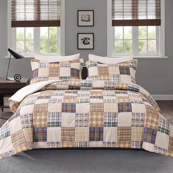 Comforter Set Queen Size Plaid Patchwork Comforter Bedding-7 Piece Bed in a Bag,Soft Fluffy Reversible Microfiber Bedding Set(1 Comforter,1 Flat Sheet,1 Fitted Sheet,2 Pillowcases,2 Pillow Shams)Beige