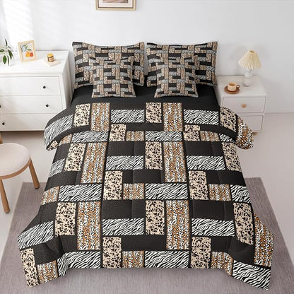 Leopard Print 7 Pcs Comforter Set Full,Wildlife Zebra Cow Skin Bedding Set with Comforter,Pillowcases,Pillow Covers,Flat Sheet,Fitted Sheet,Animals Fur Splice Patchwork Bedding for Room Decor