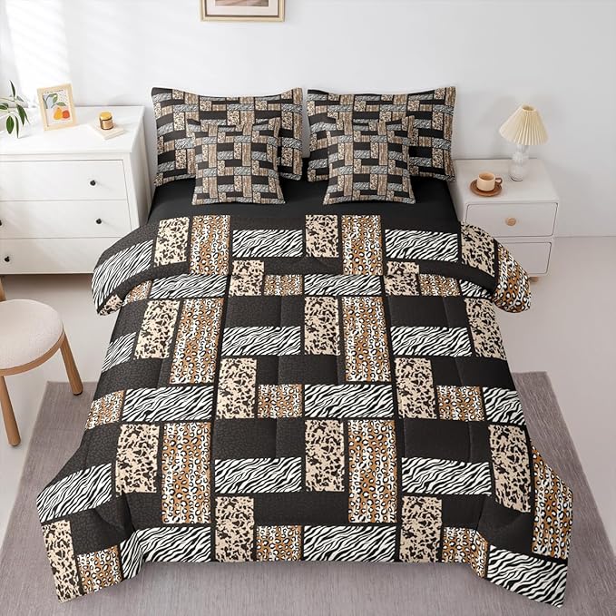 Castle Fairy Leopard Print Bedding Set 7 Pieces,Wildlife Zebra Cow Skin Comforter Set with Sheets for Kids Teens Bedroom Decor,Animals Fur Splice Patchwork Bed Set in a Bag with Pillow Covers,Twin