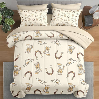 Comforter Set Twin Size, Vintage Cowgirl Cowboy 5 Pcs Bedding for Kids and Adults, Retro Western Horseshoe Bed Sheet Sets with Fitted Sheet Pillowcase & Sham