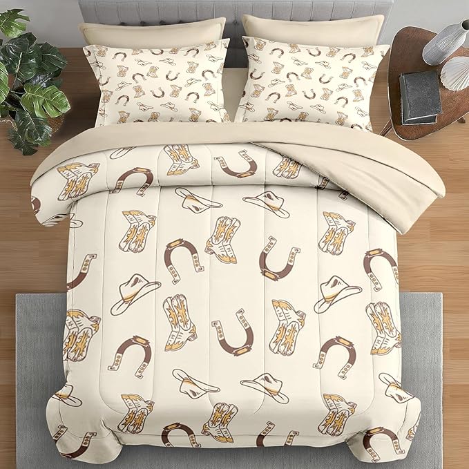 Comforter Set King Size, Vintage Cowgirl Cowboy 7 Pcs Bedding for Kids and Adults, Retro Western Horseshoe Bed Sheet Sets with Fitted Sheet 2 Pillowcases & 2 Shams